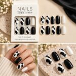 24 Pcs Black and White Cow Print Press On Nails for Women, Glossy Cow Pattern Artificial Nails with Solid Black and White Tips, Cute DIY Manicure Set for Party, Casual and Everyday Wear - Image 3