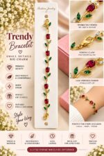 Elegant Gold-Tone Red Ruby Leaf Vine Bracelet for Women with Sparkling Red Gemstones and Green Leaf Accents, Floral-Inspired Statement Fashion Jewellery for Party, Wedding and Festive Wear - Image 5