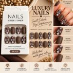 24 Pcs Brown Monogram Style Press On Nails for Women, Glossy Chocolate Brown Artificial Nails with White Floral and Geometric Accent Design, Elegant DIY Nail Art Set - Image 5