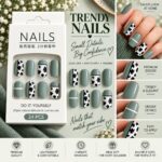 24 Pcs Sage Green Cow Print Press On Nails for Women | Cute Black and White Cow Pattern Artificial Nails | Trendy Glossy DIY Manicure Nail Set - Image 4