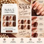 24 Pcs Brown Marble Press On Nails for Women | Nude Coffee Brown Marble Design with Gold Foil Accents | Elegant Glossy Artificial Nails for DIY Manicure - Image 4