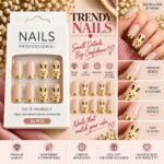 24 Pcs Cute Bunny Press On Nails for Women | Pink Nude Artificial Nails with Gold Tips | Adorable Rabbit Design Glossy DIY Manicure Nail Set - Image 5
