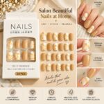 24 Pcs Nude Marble Press On Nails for Women, Beige and Cream Glossy Artificial Nail Set with Golden Marble Veins, Multiple Sizes for DIY Manicure, Party, Wedding and Everyday Wear - Image 4
