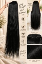 Long Black Straight Hair Extension for Women, Sleek Textured Hairpiece with Braided Top Design, Lightweight Hair Extension for Added Length and Volume, Party, Wedding and Daily Styling - Image 2