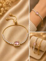 Elegant Gold-Tone Pink Crystal Tennis Bracelet for Women with Adjustable Bolo Chain, Sparkling Round Cubic Zirconia Style Stones and Central Cushion-Cut Pink Gemstone, Stylish Party Wear Fashion Jewellery - Image 5