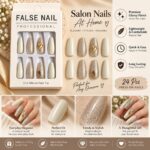 24 Pcs Pearl White Press On Nails for Women, Glitter Nude Accent False Nails with Gold Embellishment Design, Long Coffin Style Artificial Nails for Party, Wedding and Festive Manicure - Image 5