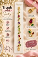 Elegant Gold-Tone Multicolor Gemstone Leaf Vine Bracelet for Women with Ruby Red, Purple and Green Stones, Floral-Inspired Statement Fashion Jewellery for Party, Wedding and Festive Wear - Image 6