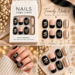 24 Pcs Black Nude Press On Nails for Women, Glossy Artificial Nails with Heart, Bow and Pearl Finish, Elegant DIY Nail Art Set for Parties - Image 7