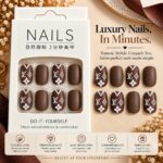 24 Pcs Brown Monogram Style Press On Nails for Women, Glossy Chocolate Brown Artificial Nails with White Floral and Geometric Accent Design, Elegant DIY Nail Art Set - Image 7