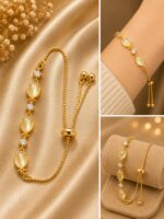 Elegant Gold-Tone Bracelet for Women, Oval Pearl-Style Stone and Sparkling Crystal Link Design with Adjustable Bolo Chain, Chic Minimalist Fashion Jewellery for Daily Wear, Party, Wedding and Festive Occasions - Image 5
