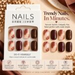 24 Pcs Brown Marble Press On Nails for Women | Nude Coffee Brown Marble Design with Gold Foil Accents | Elegant Glossy Artificial Nails for DIY Manicure - Image 6