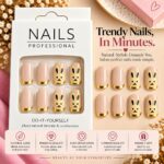24 Pcs Cute Bunny Press On Nails for Women | Pink Nude Artificial Nails with Gold Tips | Adorable Rabbit Design Glossy DIY Manicure Nail Set - Image 7