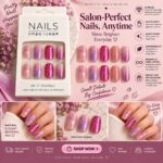 24 Pcs Pink Glitter Press On Nails for Women, Glossy Rose Pink Artificial Nails with Sparkle, Star and Geometric Foil Designs, Trendy DIY Manicure Set for Party, Wedding and Everyday Wear - Image 3