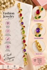 Elegant Gold-Tone Multicolor Gemstone Leaf Vine Bracelet for Women with Ruby Red, Purple and Green Stones, Floral-Inspired Statement Fashion Jewellery for Party, Wedding and Festive Wear - Image 7
