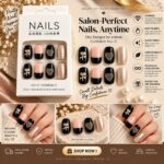 24 Pcs Black Nude Press On Nails for Women, Glossy Artificial Nails with Heart, Bow and Pearl Finish, Elegant DIY Nail Art Set for Parties - Image 2