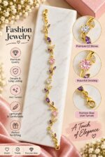 Elegant Gold-Tone Purple and Pink Crystal Leaf Vine Bracelet for Women with Sparkling Gemstone Accents, Floral-Inspired Adjustable Fashion Jewellery for Party, Wedding, Festive and Everyday Wear - Image 7