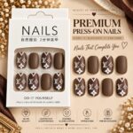 24 Pcs Brown Monogram Style Press On Nails for Women, Glossy Chocolate Brown Artificial Nails with White Floral and Geometric Accent Design, Elegant DIY Nail Art Set - Image 2