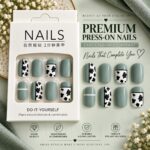 24 Pcs Sage Green Cow Print Press On Nails for Women | Cute Black and White Cow Pattern Artificial Nails | Trendy Glossy DIY Manicure Nail Set - Image 7