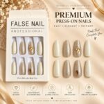 24 Pcs Pearl White Press On Nails for Women, Glitter Nude Accent False Nails with Gold Embellishment Design, Long Coffin Style Artificial Nails for Party, Wedding and Festive Manicure - Image 7