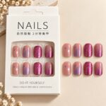 24 Pcs Pink Glitter Press On Nails for Women, Glossy Rose Pink Artificial Nails with Sparkle, Star and Geometric Foil Designs, Trendy DIY Manicure Set for Party, Wedding and Everyday Wear