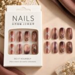 24 Pcs Brown Butterfly Press On Nails for Women, Glossy Nude Brown Artificial Nails with Floral, Butterfly and Rose Designs, Elegant DIY Nail Art Set