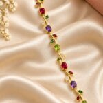 Elegant Gold-Tone Multicolor Gemstone Leaf Vine Bracelet for Women with Ruby Red, Purple and Green Stones, Floral-Inspired Statement Fashion Jewellery for Party, Wedding and Festive Wear