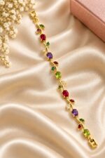 Elegant Gold-Tone Multicolor Gemstone Leaf Vine Bracelet for Women with Ruby Red, Purple and Green Stones, Floral-Inspired Statement Fashion Jewellery for Party, Wedding and Festive Wear