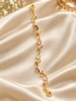 Elegant Gold-Tone Purple and Pink Crystal Leaf Vine Bracelet for Women with Sparkling Gemstone Accents, Floral-Inspired Adjustable Fashion Jewellery for Party, Wedding, Festive and Everyday Wear