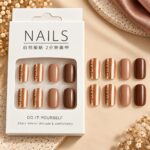 24 Pcs Brown Nude Press On Nails for Women, Glossy Coffee Brown Artificial Nails with Elegant Striped Accent Design, Stylish DIY Fake Nail Set for Party, Office and Everyday Wear