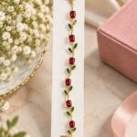 Elegant Gold-Tone Red Ruby Leaf Vine Bracelet for Women with Sparkling Red Gemstones and Green Leaf Accents, Floral-Inspired Statement Fashion Jewellery for Party, Wedding and Festive Wear