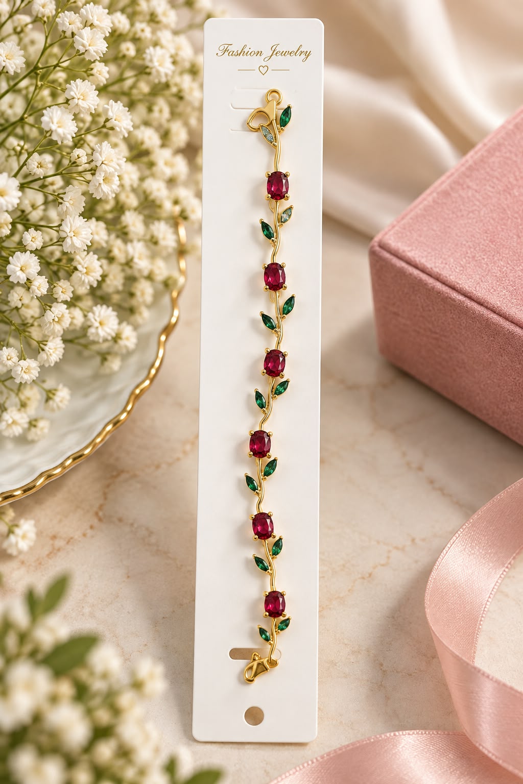 7 Elegant Gold-Tone Red Ruby Leaf Vine Bracelet for Women with Sparkling Red Gemstones and Green Leaf Accents, Floral-Inspired Statement Fashion Jewellery for Party, Wedding and Festive Wear - Image 1