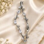 Elegant Silver-Tone Leaf Vine Bracelet for Women with Sparkling Clear Oval Crystals and Delicate Leaf Accents, Nature-Inspired Statement Fashion Jewellery for Party, Wedding, Festive and Everyday Wear