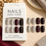24 Pcs Silver Glitter Burgundy Black Press On Nails for Women, Sparkling Artificial Nails with Glossy Wine Red and Black Accents, Elegant DIY Nail Art Set