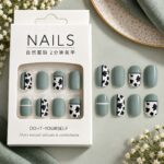 24 Pcs Sage Green Cow Print Press On Nails for Women | Cute Black and White Cow Pattern Artificial Nails | Trendy Glossy DIY Manicure Nail Set