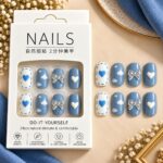 24 Pcs Blue Heart Bow Press On Nails for Women | Cute Cloud Heart & Iridescent Bow Design Artificial Nails | Glossy Trendy DIY Manicure Nail Set