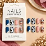 24 Pcs Cow Print Press On Nails for Women | Cute Pink Blue Cow Pattern Artificial Nails | Adorable Farm Animal Design Glossy DIY Manicure Nail Set