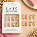 24 Pcs Cute Bunny Press On Nails for Women | Pink Nude Artificial Nails with Gold Tips | Adorable Rabbit Design Glossy DIY Manicure Nail Set