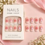 24 Pcs Pink Heart Press On Nails for Women, Glossy Nude Pink Artificial Nails with Romantic Heart Designs, Reusable DIY Manicure Set for Party, Date, Wedding and Everyday Wear