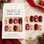 24 Pcs Christmas Reindeer Press On Nails for Women, Red and White Glossy Artificial Nails with Snowflake and Cute Reindeer Designs, Festive DIY Manicure Set for Christmas Party and Holiday Wear