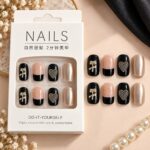 24 Pcs Black Pink Press On Nails for Women, Glossy Artificial Nails with Bow, Heart and Metallic Pearl Designs, Elegant French Style DIY Manicure Set for Party, Wedding and Everyday Wear