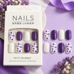 24 Pcs Purple Heart Press On Nails for Women, Glossy White and Purple Artificial Nails with Cute Heart Pattern Design, Trendy DIY Manicure Set for Party, Date, Wedding and Everyday Wear