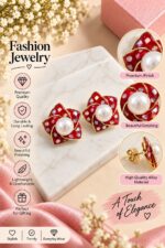 Red Floral Pearl Stud Earrings for Women | Multicolor Shell Effect Flower Design | Gold Tone Statement Fashion Jewellery - Image 2