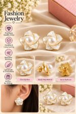Elegant White Floral Pearl Stud Earrings for Women | Mother of Pearl Effect Flower Design | Gold Tone Statement Fashion Jewellery - Image 3