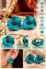 Elegant Teal Blue Flower Stud Earrings for Women with Red Crystal Center | Statement Floral Fashion Jewellery for Party, Festive and Special Occasions - Image 2