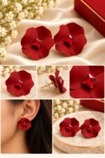 Elegant Red Flower Stud Earrings for Women with Red Crystal Center | Statement Floral Fashion Jewellery for Party, Festive and Special Occasions - Image 3