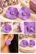 Elegant Purple Flower Stud Earrings for Women with Sparkling Crystal Center | Statement Floral Fashion Jewellery for Party, Festive and Special Occasions - Image 2