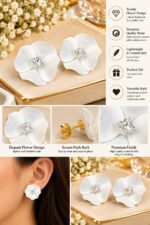 Elegant White Flower Stud Earrings for Women with Sparkling Crystal Center | Statement Floral Fashion Jewellery for Party, Wedding, Festive and Special Occasions - Image 3
