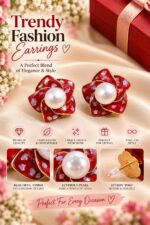 Red Floral Pearl Stud Earrings for Women | Multicolor Shell Effect Flower Design | Gold Tone Statement Fashion Jewellery - Image 3