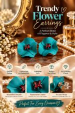 Elegant Teal Blue Flower Stud Earrings for Women with Red Crystal Center | Statement Floral Fashion Jewellery for Party, Festive and Special Occasions - Image 3