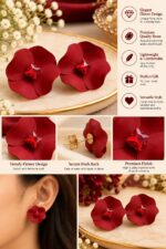 Elegant Red Flower Stud Earrings for Women with Red Crystal Center | Statement Floral Fashion Jewellery for Party, Festive and Special Occasions - Image 4